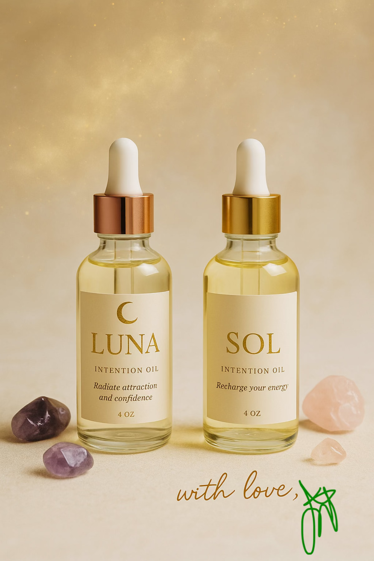 Two bottles of Luna and Sol intention oils with droppers on a beige background.
